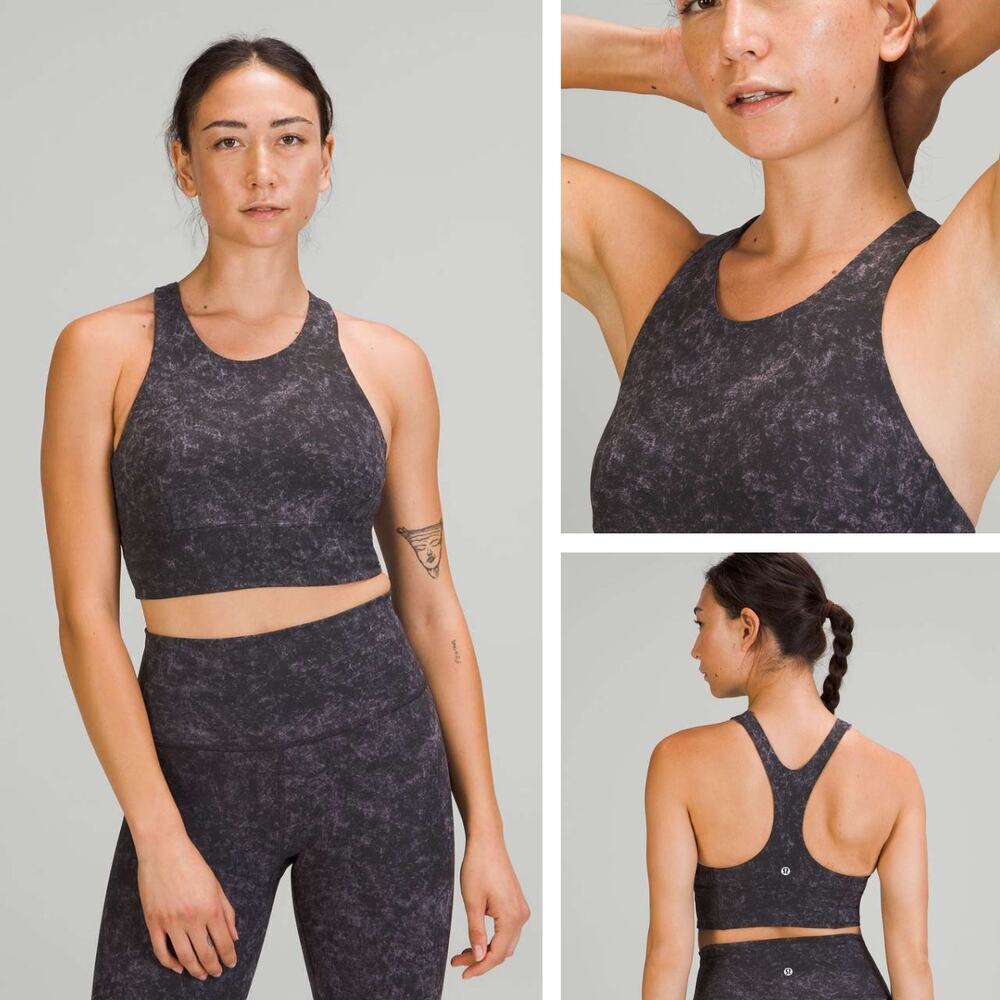 LULULEMON Wunder Train Longline Bra Size 4 Denim Wash Print Dusky Lavender Black